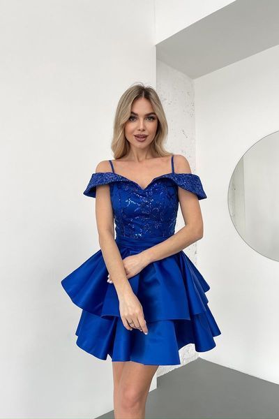 Коктейльна Сукня Атлас Паєтка Відкриті Плечі 25023 Синя 25023L_НФ-830 фото Коктейльна Сукня Атлас Паєтка Відкриті Плечі 25023 Синя 25023L_НФ-830 фото
