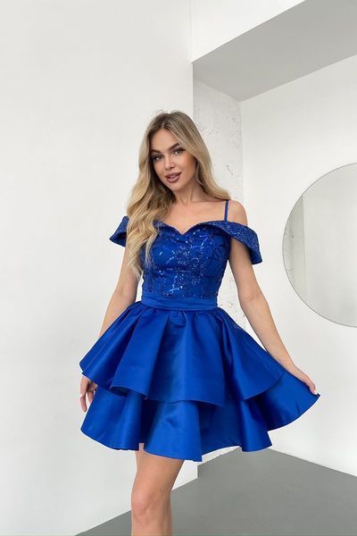 Коктейльна Сукня Атлас Паєтка Відкриті Плечі 25023 Синя 25023L_НФ-830 фото Коктейльна Сукня Атлас Паєтка Відкриті Плечі 25023 Синя 25023L_НФ-830 фото