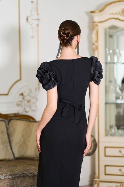 Коктейльна Сукня Квіткові Рукави Бант 25067 Чорна 25067_BLKS_НФ-1058 фото